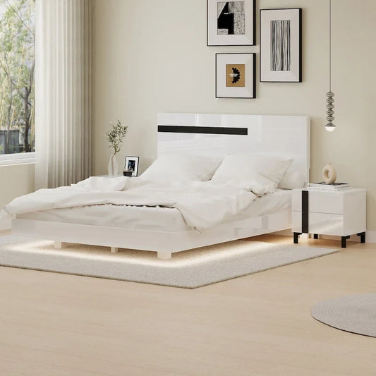 Roomfitters Modern 3 Piece Glossy Queen Platform Bed Set, Lighted Frame, 2 Nightstands, White