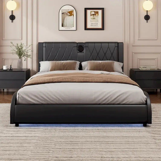 King LED Bed Frame with Bluetooth Speakers & Leather Upholstery