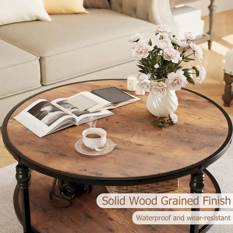 Coffee Table Round Rustic Center Table with Storage Shelf