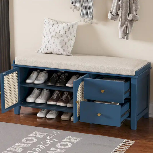 Storage Bench with Cushion,2 Drawers and Rattan Doors for Entryway
