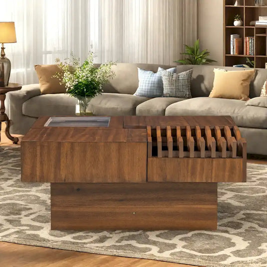 33 Solid Wood Multifunctional Square Coffee Table with Wave Design, Storage Drawers