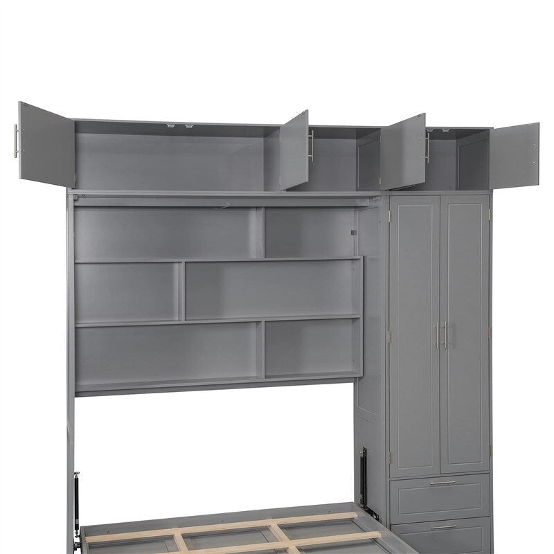 Queen Size Murphy Bed Wall Bed with Wardrobe, Top Cabinets and Storage Shelves, Foldable Murphy Cabinet Bed with 2 Drawers