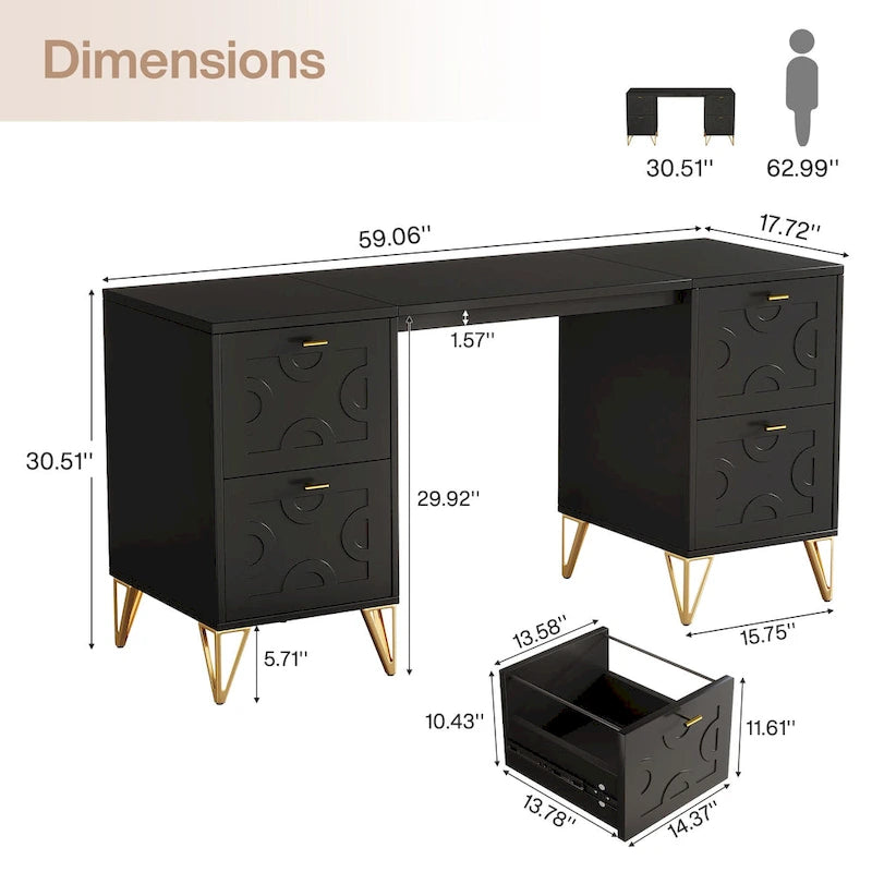 White Computer Desk with File Drawers, 59 Modern Home Office Desk