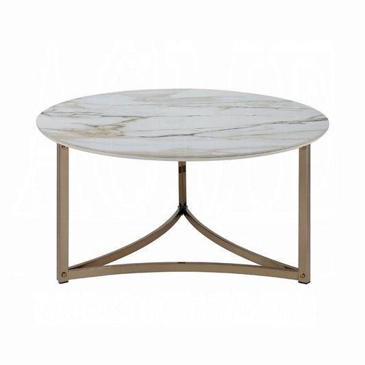 Acor Coffee Table, 35 Inch, Round Sintered Stone Top, White and Gold
