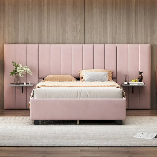 Pink Full Size Modern Style Velvet Upholstered Platform Bed with Big Headboard for Bedroom