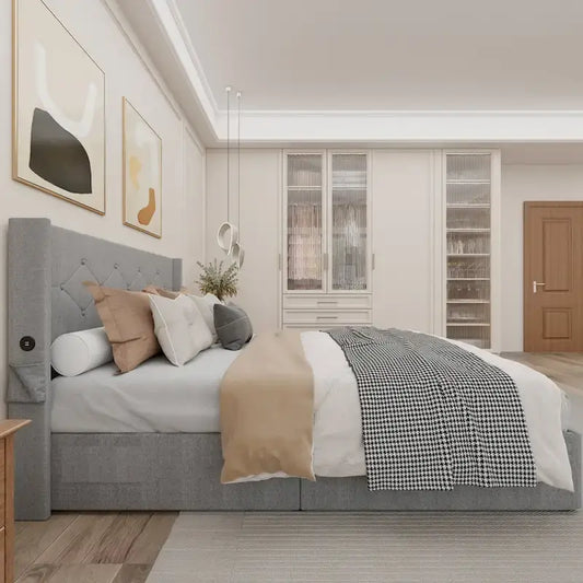 Light Gray Queen Size Modern Metal Platform Bed with Storage,Wingback Headboard and USB Ports