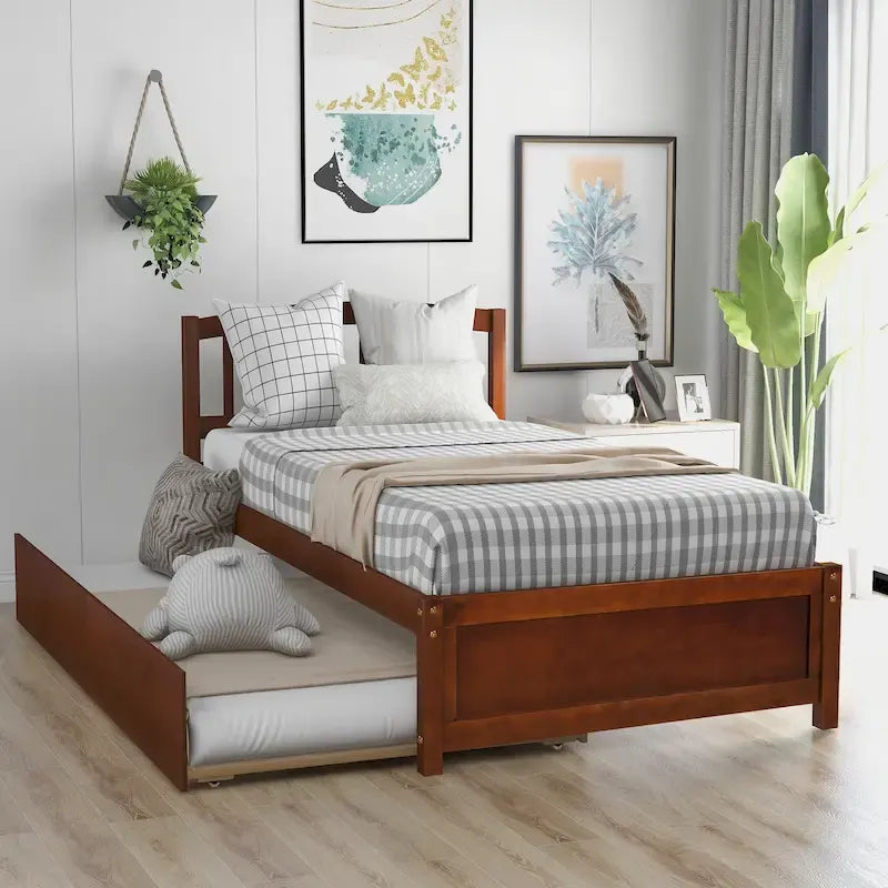 Twin Pine Platform Bed with Trundle & Slat Headboard