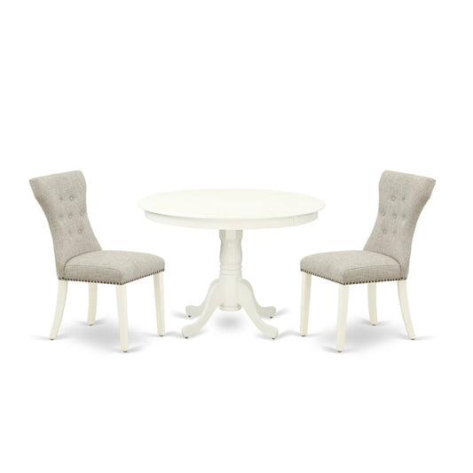 East West Furniture 3 Piece Dining Table Set- a Kitchen Table with Pedestal and 2 Linen Fabric Parsons Chairs(Finish Options)