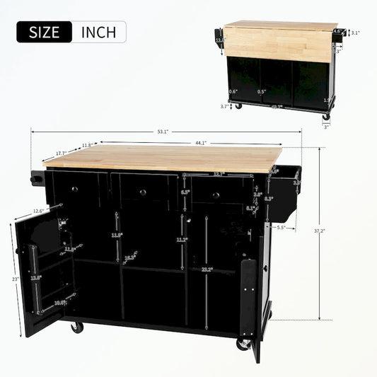 Kitchen Cart with 5 Wheels with Storage Cabinet and 3 Drawers