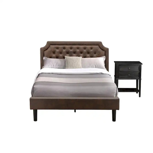 2-Piece King Bedroom set with Bed and Wire Brushed Black End Table - Dark Brown Pu leather and Black Legs (Bed Size Option)