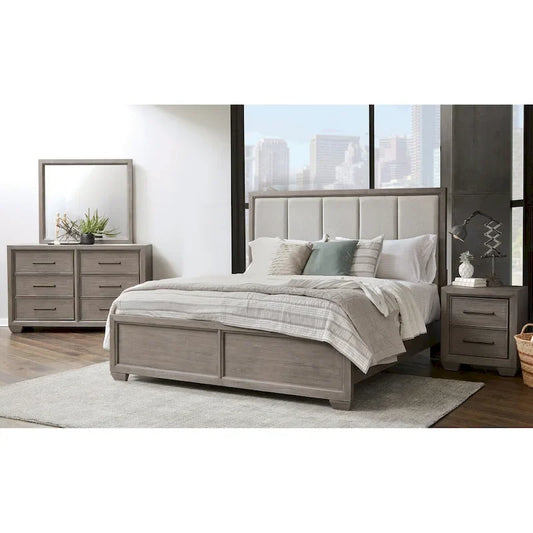 Roundhill Furniture Ennesley Gray Wood Bedroom Set with Upholstered Panel Bed, Dresser, Mirror, Nightstand, and Chest