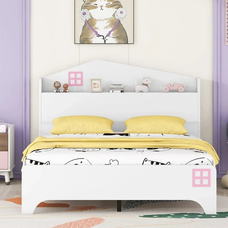 Wooden Full Size House Bed with Storage Headboard