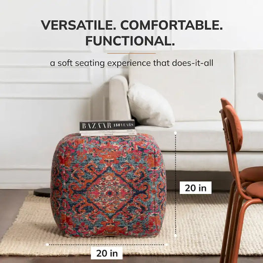 Jani Tofino Red 20-inch Multicolor Square Pouf Ottoman - Handmade Footrest for Living Room, Nursery