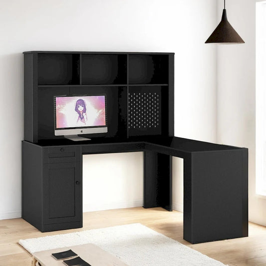 L Shaped Desk with Charger,Computer Desk with Drawers,Bookshelf & Hutchwith LED Light,Modern Corner Desk,Home Office Desk