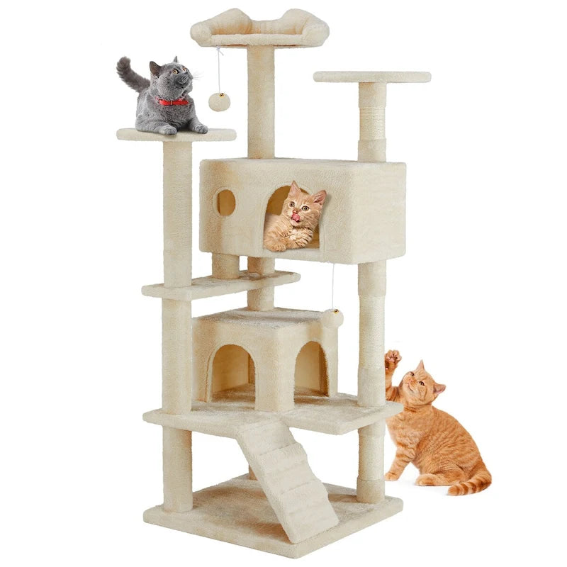 54in Cat Tree, Indoor Cat High-rise Multi-story Tower, Pet Playroom With Large Apartment