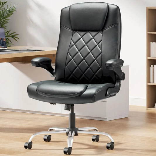 Executive PU Leather Swivel Office Chair with Flip-Up Arms Ergonomic