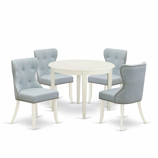 East West Furniture Dining Table Set- a Kitchen Table and Baby Blue Linen Fabric Parson Chairs, Linen White(Pieces Options)