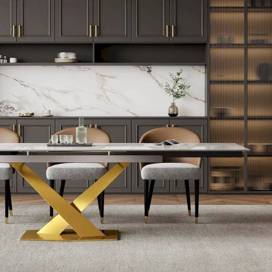 9 - Piece 94.48 Rectangular Extendable Sintered Stone Dining Table with 8 Faux leather Chairs Dining Set