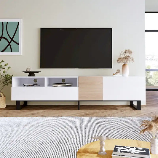 White+Natural 70.9 TV Stand with Storage and Drop Down Door for TVs Up to 80