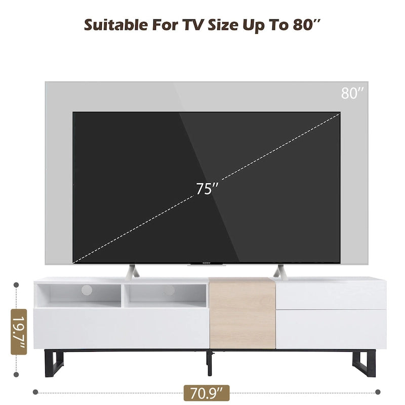 White+Natural 70.9 TV Stand with Storage and Drop Down Door for TVs Up to 80