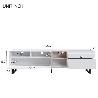 White+Natural 70.9 TV Stand with Storage and Drop Down Door for TVs Up to 80