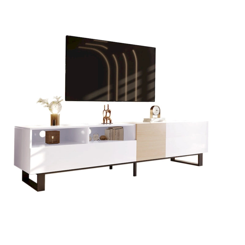 White+Natural 70.9 TV Stand with Storage and Drop Down Door for TVs Up to 80