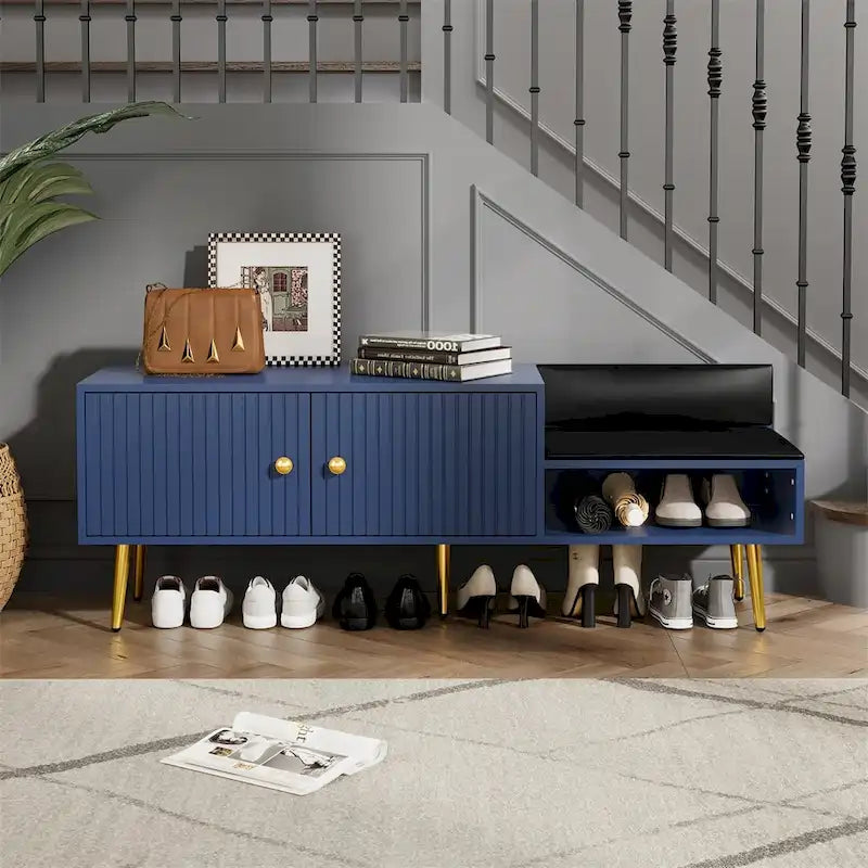 Modern Shoe Storage Bench with Hidden Storage and Upholstered Cushions