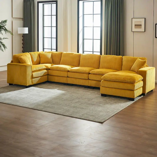Yellow 118.1 Luxurious U-Shaped 6-Seat Sectional Sofa with Ottoman and 3 Throw Pillows in Durable Corduroy
