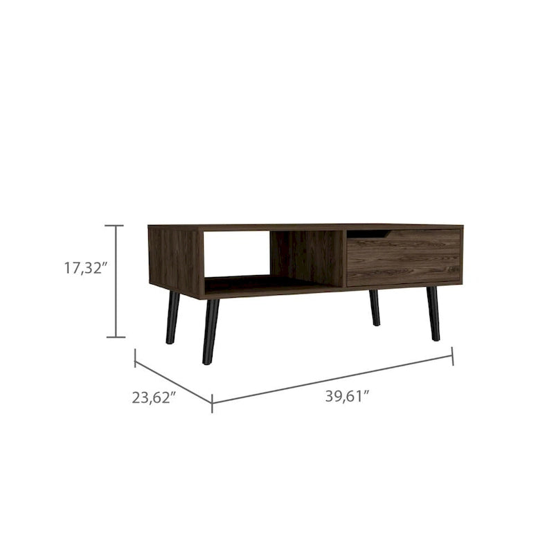 Coffee Table, One Drawer, One Open Shelf, Four Legs, Dark Walnut Finish