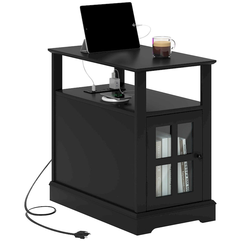 End Table with Charging Station, Narrow Side Table with USB Ports and Outlets, Small Table with Hidden Storage and Open Shelf