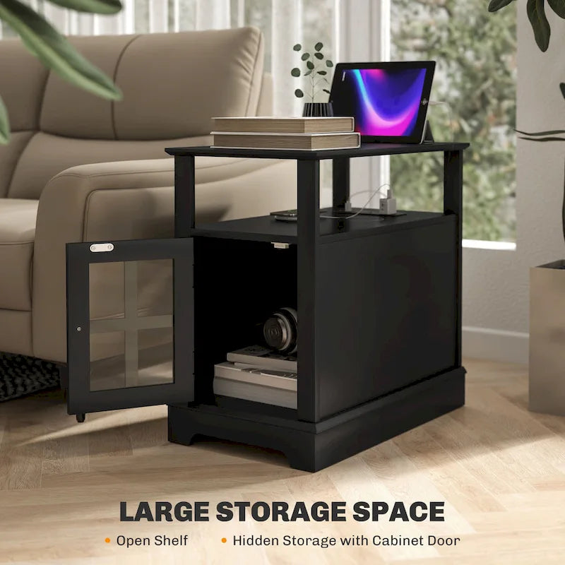 End Table with Charging Station, Narrow Side Table with USB Ports and Outlets, Small Table with Hidden Storage and Open Shelf