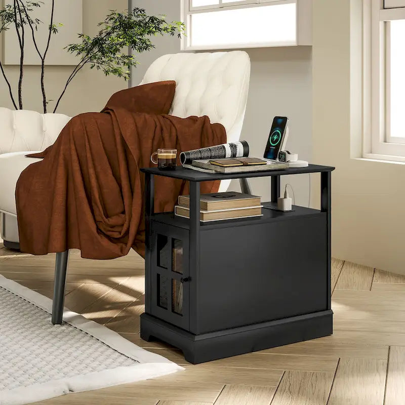 End Table with Charging Station, Narrow Side Table with USB Ports and Outlets, Small Table with Hidden Storage and Open Shelf