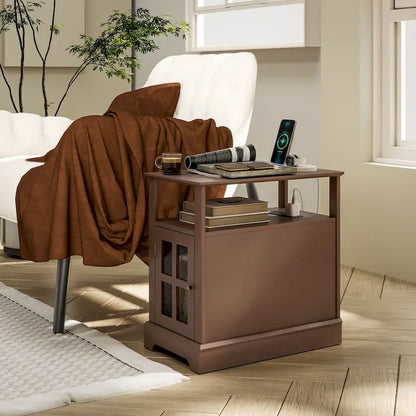 End Table with Charging Station, Narrow Side Table with USB Ports and Outlets, Small Table with Hidden Storage and Open Shelf