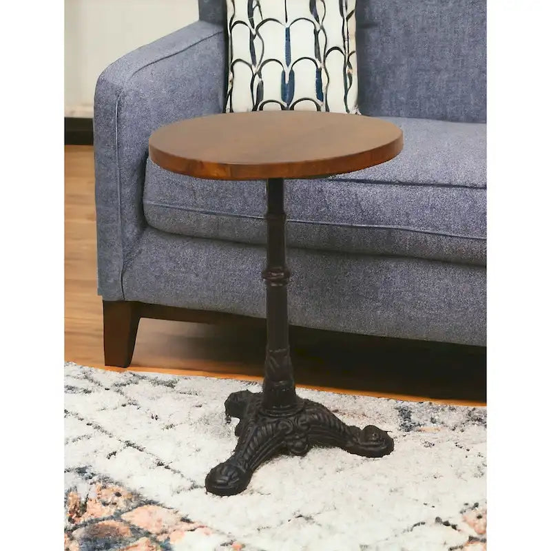 HomeRoots 28 Black And Wood Brown Solid Wood And Iron Round End Table - 28