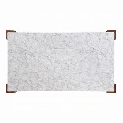 Dining Table, 72 Inch White Rectangular Faux Marble Top, Brown Wood