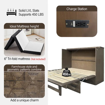 Farmhouse Style Full Size Cabinet Murphy Bed with Charging Station and Large Storage Drawer