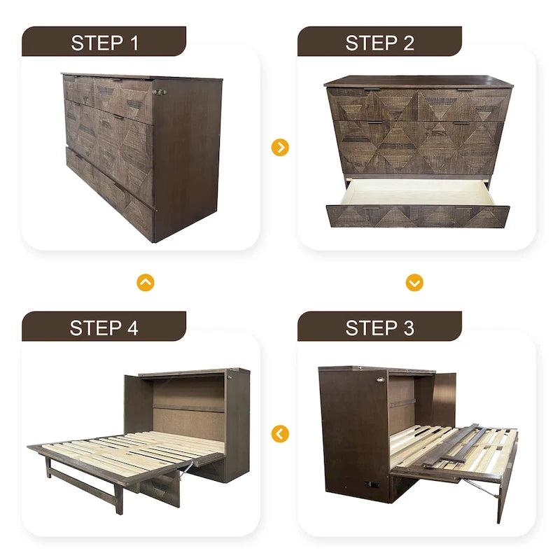 Farmhouse Style Full Size Cabinet Murphy Bed with Charging Station and Large Storage Drawer