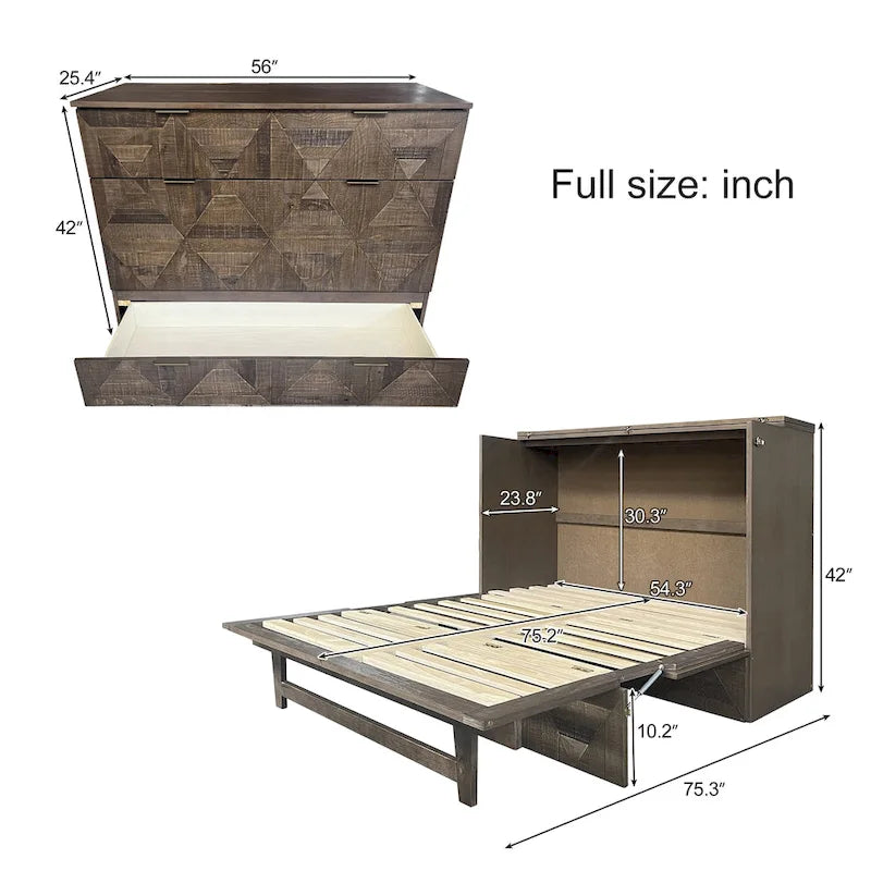 Farmhouse Style Full Size Cabinet Murphy Bed with Charging Station and Large Storage Drawer