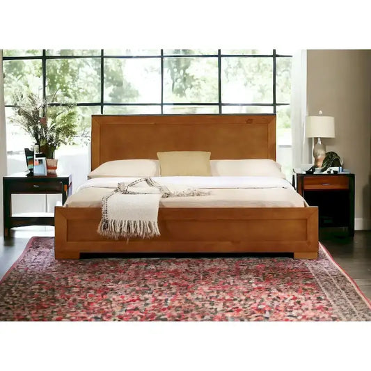 HomeRoots Oak Solid and Manufactured Wood Queen Bed Frame