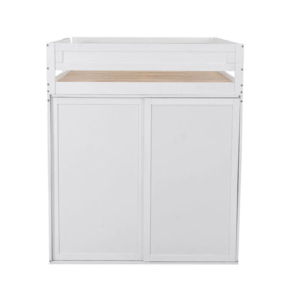 Wood Full Size Loft Bed with Wardrobes and 2-Drawer Desk w/Cabinet