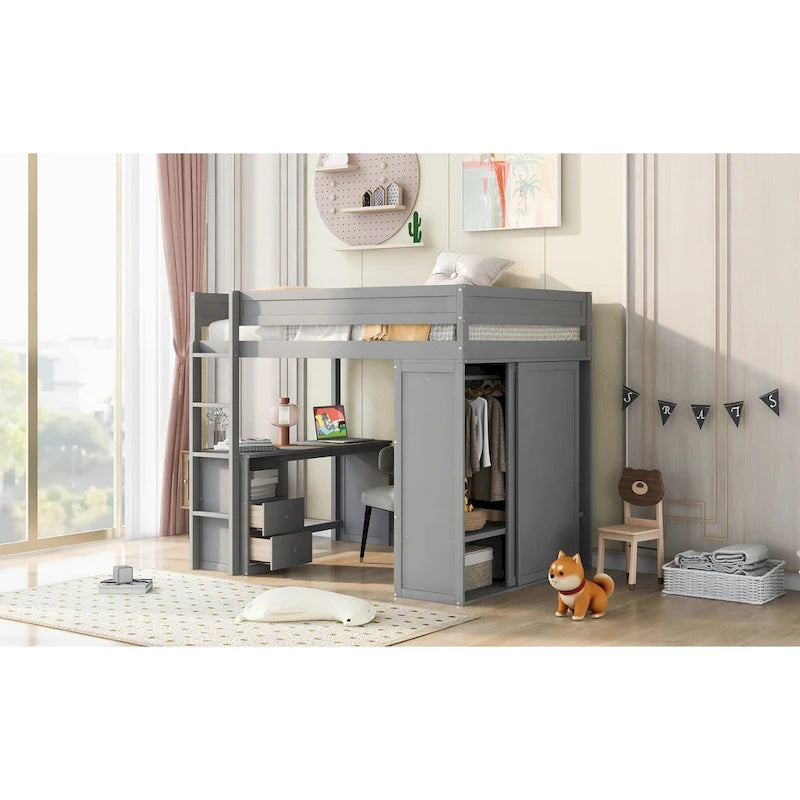 Wood Full Size Loft Bed with Wardrobes and 2-Drawer Desk w/Cabinet