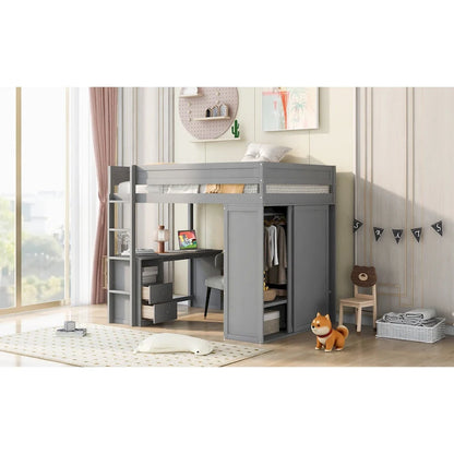 Wood Full Size Loft Bed with Wardrobes and 2-Drawer Desk w/Cabinet