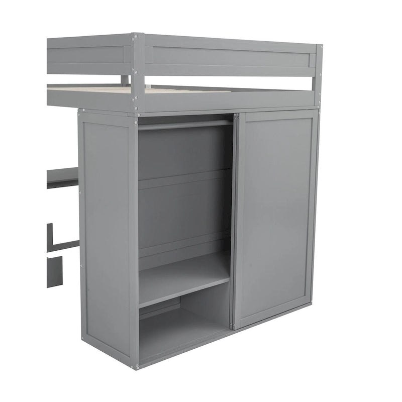 Wood Full Size Loft Bed with Wardrobes and 2-Drawer Desk w/Cabinet