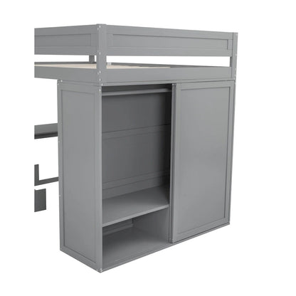 Wood Full Size Loft Bed with Wardrobes and 2-Drawer Desk w/Cabinet
