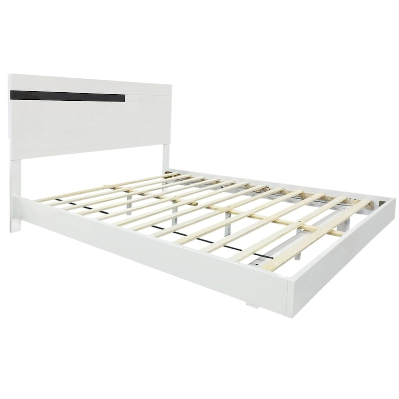 Roomfitters Modern 3 Piece Glossy Queen Platform Bed Set, Lighted Frame, 2 Nightstands, White