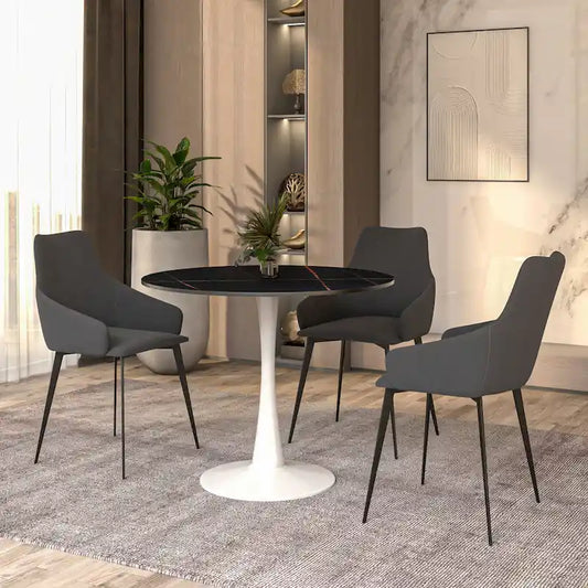 Bristol 31 Modern Round Dining Table with Sintered Stone Top & White Stainless Steel Pedestal Base for Dining Room and Kitchen
