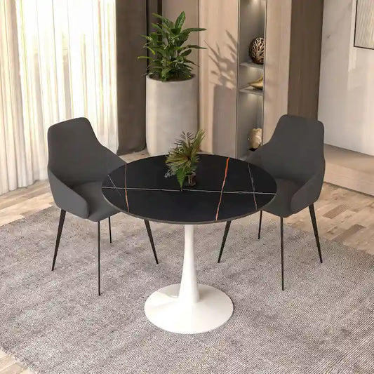 Bristol 31 Modern Round Dining Table with Sintered Stone Top & White Stainless Steel Pedestal Base for Dining Room and Kitchen