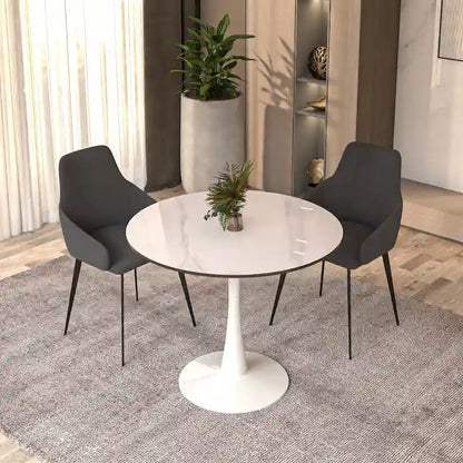 Bristol 31 Modern Round Dining Table with Sintered Stone Top & White Stainless Steel Pedestal Base for Dining Room and Kitchen
