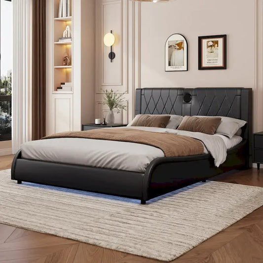 King LED Bed Frame with Bluetooth Speakers & Leather Upholstery