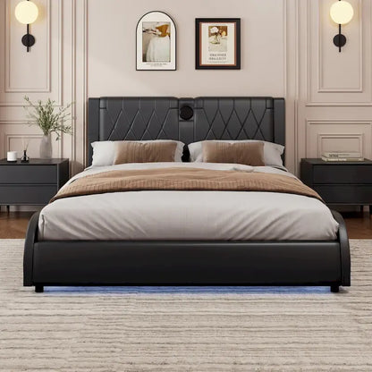 King LED Bed Frame with Bluetooth Speakers & Leather Upholstery